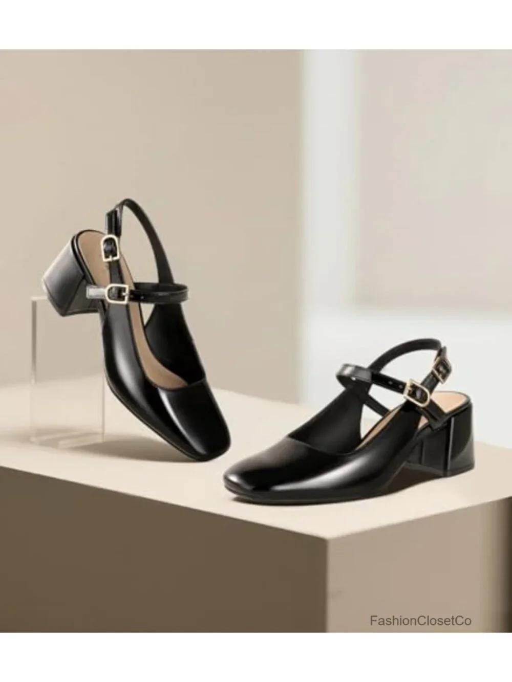 Women's Mary Jane Heels Slingback Chunky Low Heels Square Toe Dress Pumps